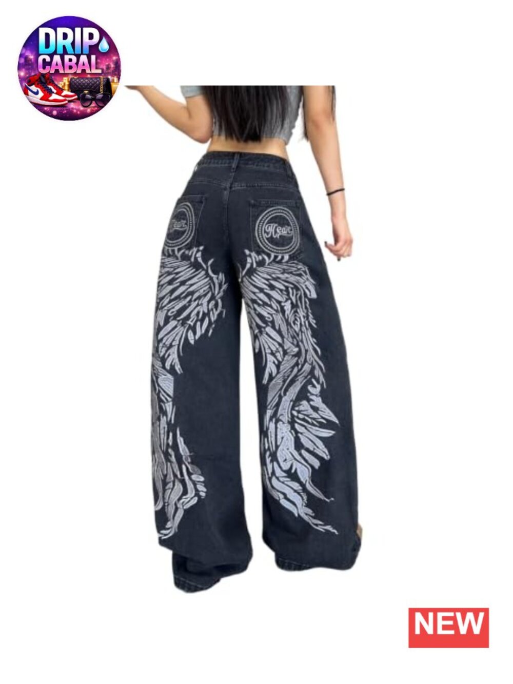 Y2K Baggy Wide Leg Jeans with Wing Embroidery Retro Streetwear Denim Pants